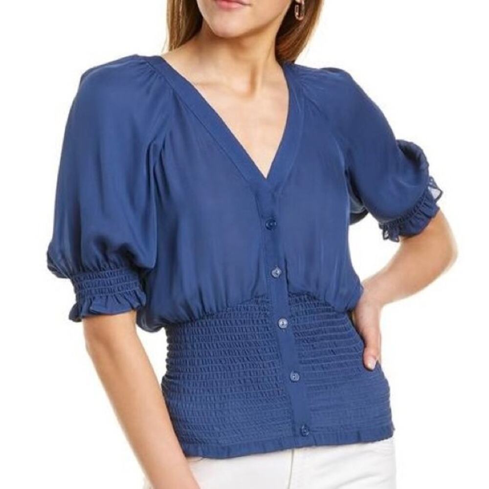 Parker Silk Blouse Women’s Size Small Smocked Waist Blue Puff Sleeve V Neck Top